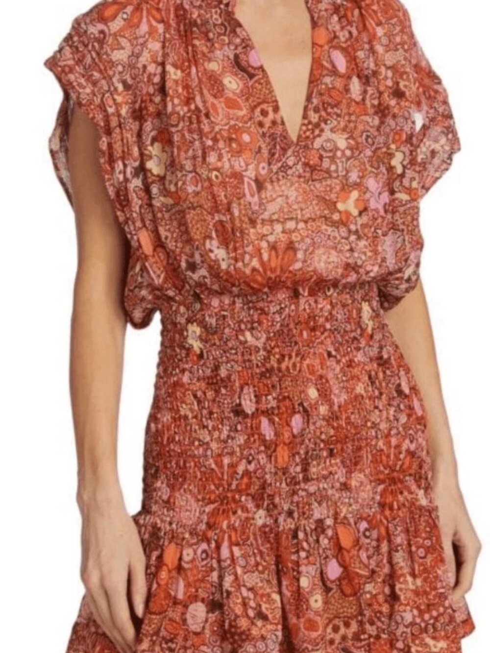 A.L.C. Rust Paisley Smocked Mini Dress